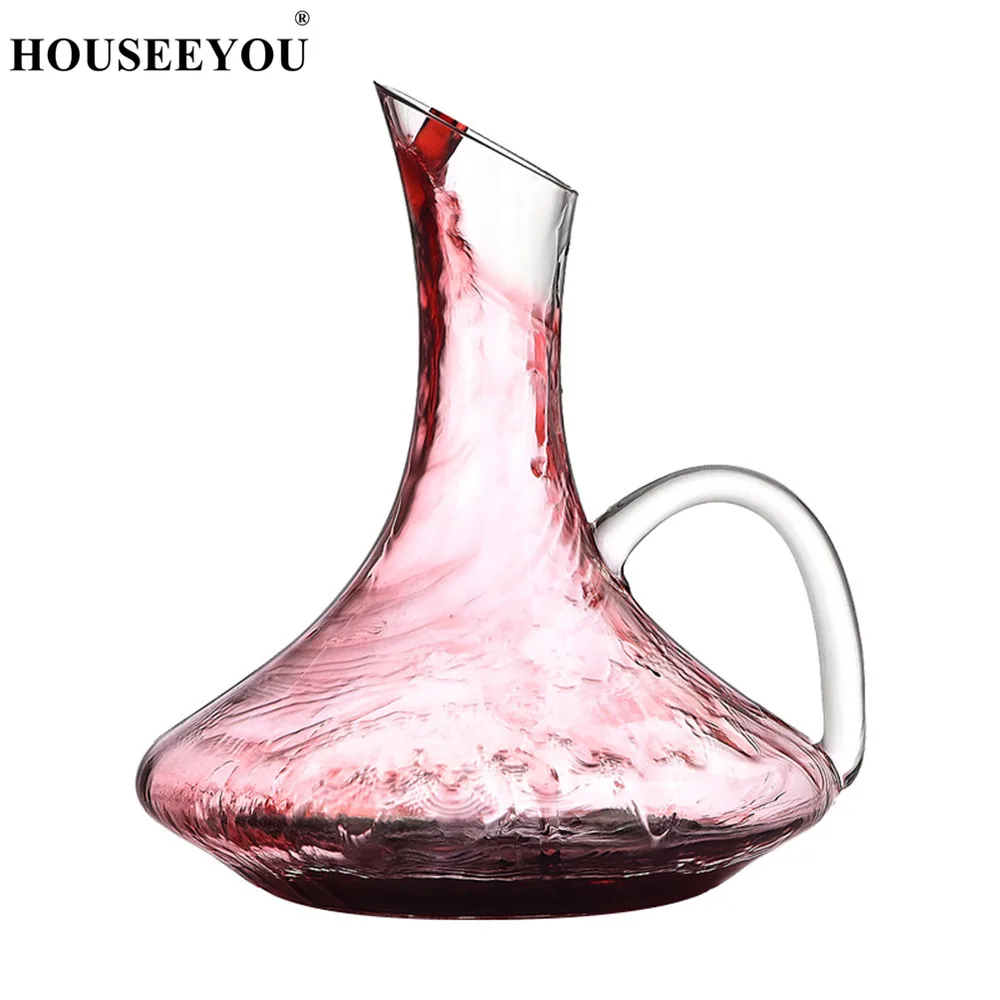 HOUSEEYOU 1300ML Flat Base with Handle Red Wine Decanter Handmade Transparent Crystal Glass Wine Bottle Whiskey Drink Bar Set