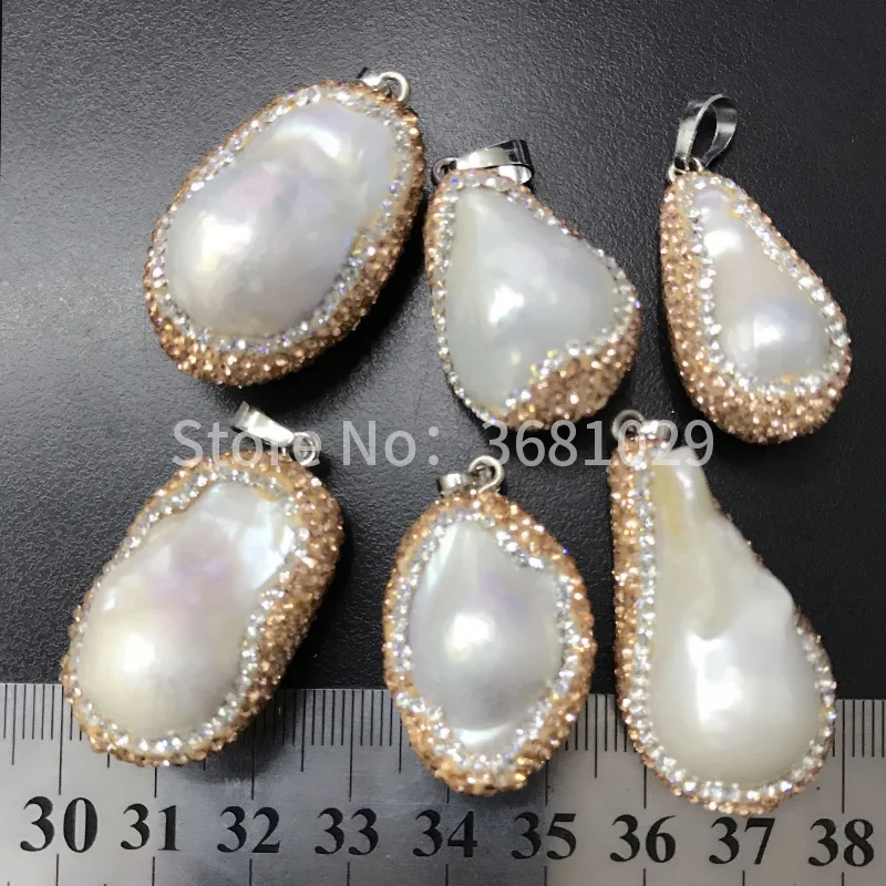 Fashion Shiny Rhinestone natural pearl Irregular pendant For Jewelry DIY 10Pcs