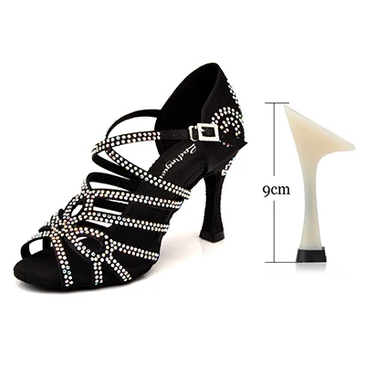 Black 9cm Ladingwu/Новое поступление; туфли для латинских танцев; черные атласные женские туфли для бальных танцев со стразами; Каблук 9 см - Цвет: Black 9cm