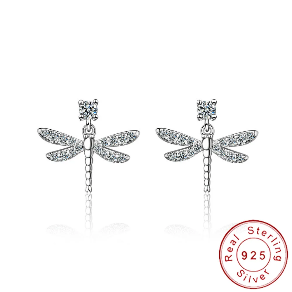 Женские серьги-гвоздики в форме стрекозы из чистого серебра 925 пробы с мозаикой