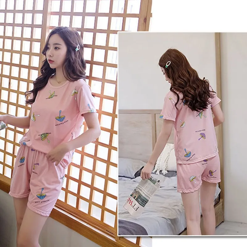Женский розовый пижамный комплект с принтом грибов милый коротким рукавом