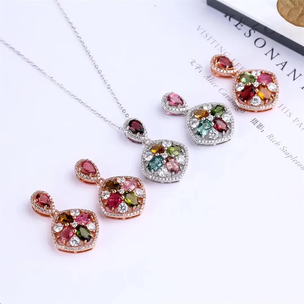 

SGARIT wholesale luxury trendy gold plated 925 sterling silver gemstone colorful natural tourmaline big pendant necklace jewelry