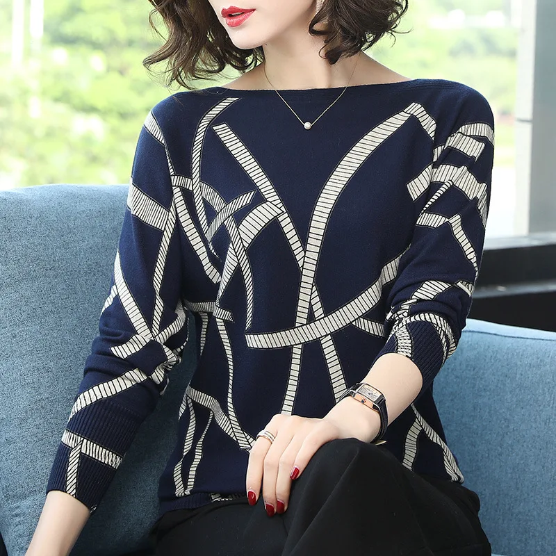 2020 Autumn Loose Sweater Geometric Print Block O Neck Women Pullover Knitwear Jerseys and Sweaters Long Sleeve Knitted | Женская одежда