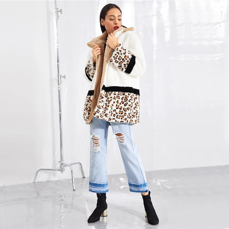 Dotfashion, разноцветное пальто с карманами, леопардовая панель, искусственный мех, плюшевое пальто, женская Повседневная зимняя одежда, женская верхняя одежда с длинным рукавом