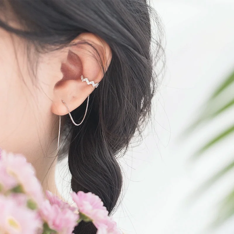 Crystal Wave Moon Bar Long Chain Threader Earrings Or Ear Wrap Climber Clip Two Wearing 925 Sterling Jewelry | Украшения и