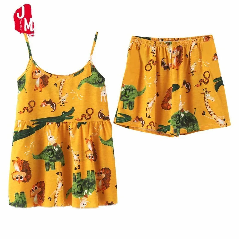 Summer Cotton Short Pajamas Sets Women Sexy Spaghetti Strap Pyjama Floral Cute Nightdress Cami Top And Shorts Pijama Set | Женская