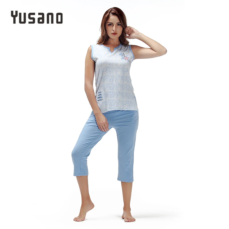 Женская пижама без рукавов Yusano голубой и розовый пижамный комплект из топа с