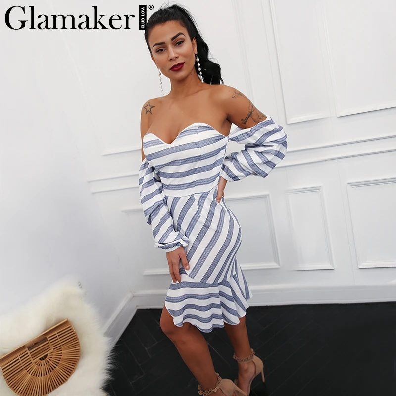 Женское платье в полоску с открытыми плечами Glamaker летнее русалки оборками