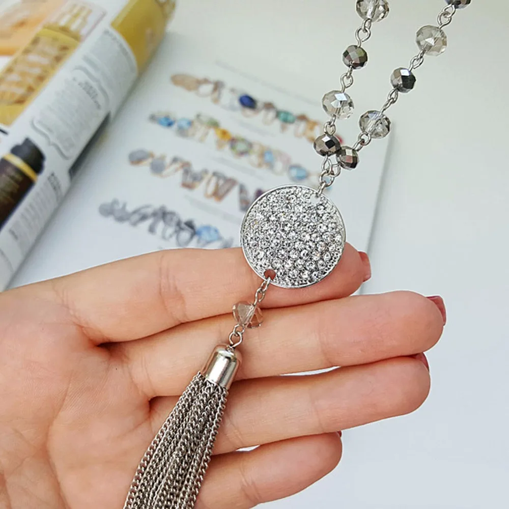 TrinketSea серебряные Длинные ожерелья с подвесками-Кисточками для женщин хрустальные бусы ожерелья с цепочкой из сплава Модные ювелирные изделия подарок