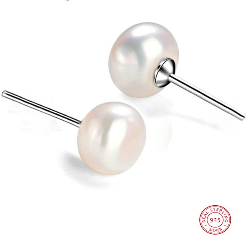 White 7-8mm Olowu, настоящие серьги из натурального пресноводного жемчуга для женщин, 925 пробы, серебряные серьги-гвоздики, белый, розовый цвет, 7-8 мм - Окраска металла: White 7-8mm