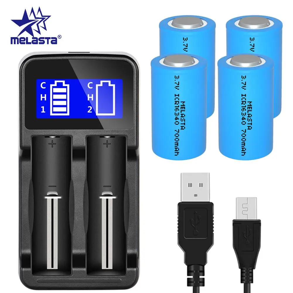 Литий ионный аккумулятор Melasta 16340 RCR123A CR123A 3 7 В 700 мАч + 2 слота умное зарядное
