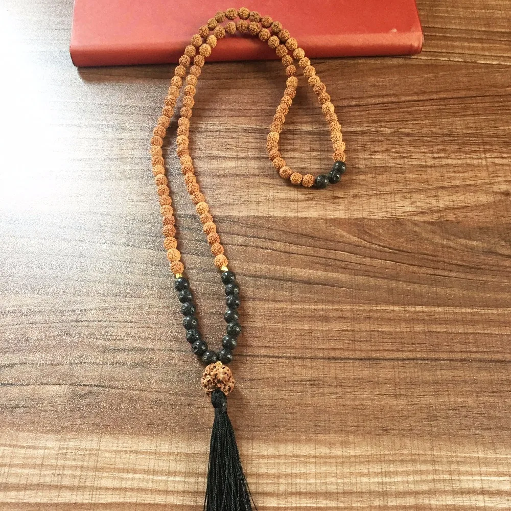 Lava Stone 108 Mala бусы Сердце ожерелье чакры Йога Медитация Rudraksha молитва богемный
