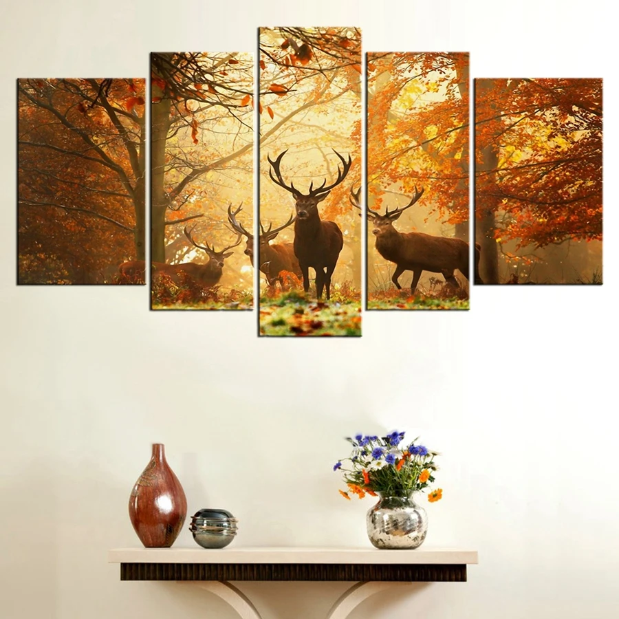 Олень в осенний лес Картина Холст принт животное плакат Гостиная Wall Art для