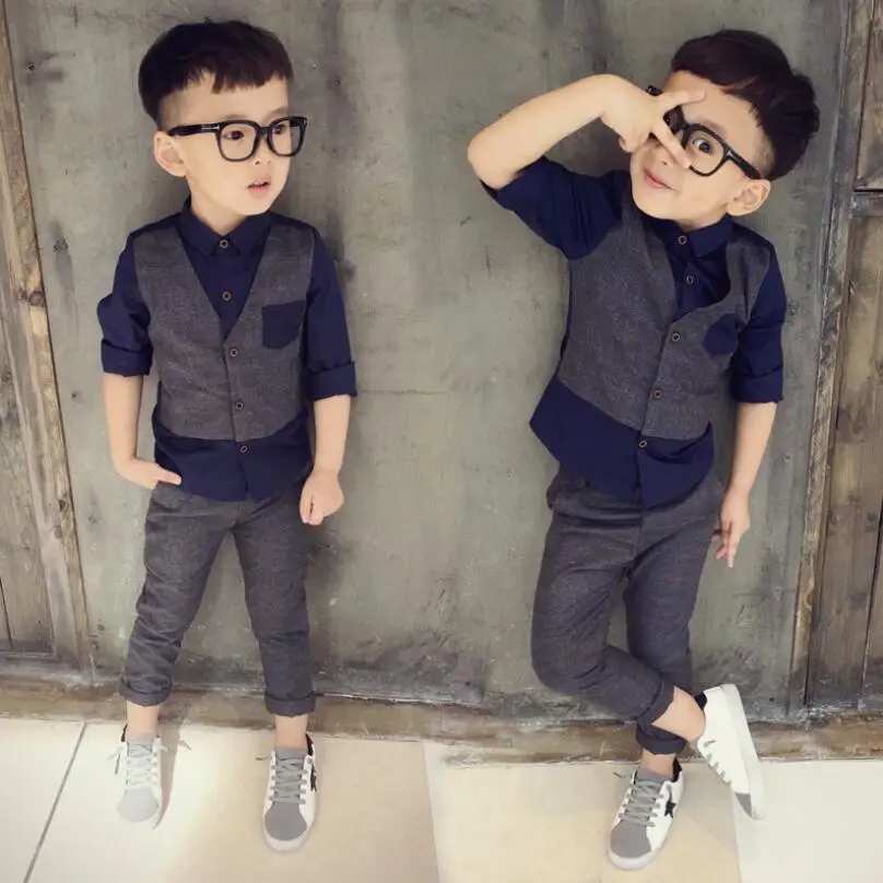 2019 Spring Boy Gentleman Suit Long Sleeve T-shirt Boys Kids Clothes Children's Clothing Set Fake Two Pieces Top+pants 2pcs | Детская