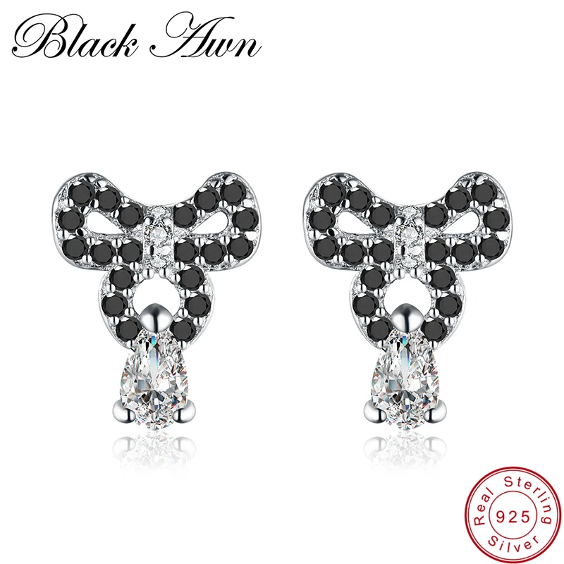 

[BLACK AWN] Genuine 925 Sterling Silver Jewelry Bow-knot Black Spinel Stone Stud Earrings for Women T113
