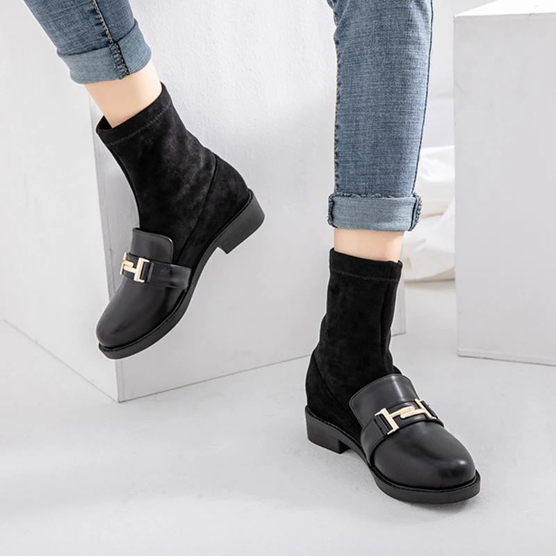 Эластичные флоковые носок Мартин botines Лоскутные кожаные ботильоны botas mujer