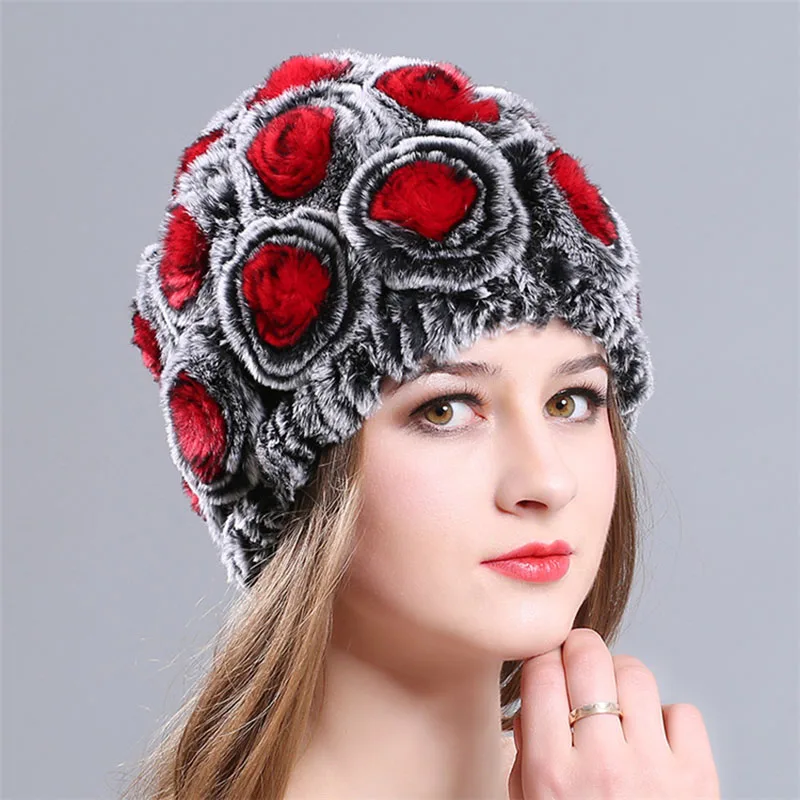 Цветочный Эластичный вязаный Настоящий мех кролика шапочки шапки женские