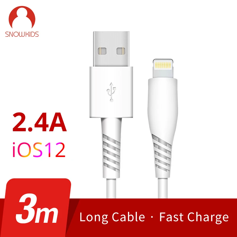 

Snowkids 3m 2Pieces USB Cable for iPhone X 8 7 6 5 XR XsMax Upto iOS12 Long Fast Charge