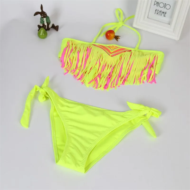 Yellow 1 комплект, летний купальный костюм для маленьких девочек, детский раздельный нейлоновый купальник с кисточками, комплект бикини года, новинка, купальный костюм для девочек, комплекты для детей - Цвет: Yellow
