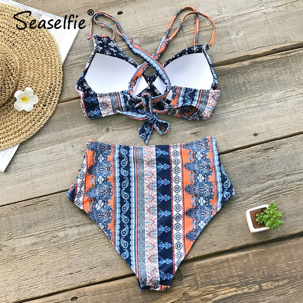 SEASELFIE, Boho, с принтом, Крест Спереди, бикини, наборы,, для женщин, сексуальные, на шнуровке, с высокой талией, с ремешками, два предмета, купальники