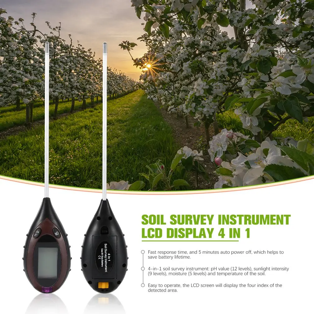 4 in 1 Soil Survey Instrument LCD Display Moisture PH Value Temperature Sunlight Intensity Meter For Garden Plants | Инструменты