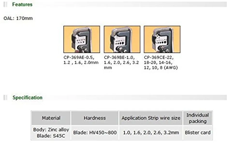 

CP-369BE Manual Wire Stripping Tool, Stripper Wire for 1.0, 1.6, 2.0, 2.6, 3.2 mm Precision Tongs fo