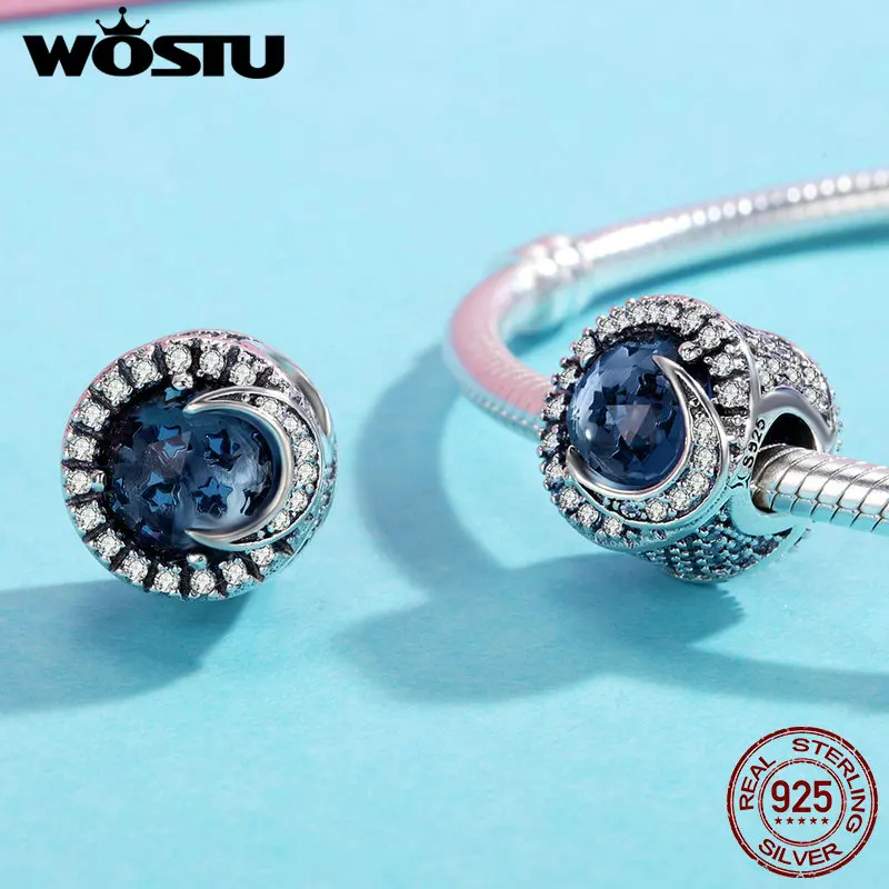 WOSTU серебро 925 пробы искрящееся небо звезда и луна большой камень прозрачный CZ