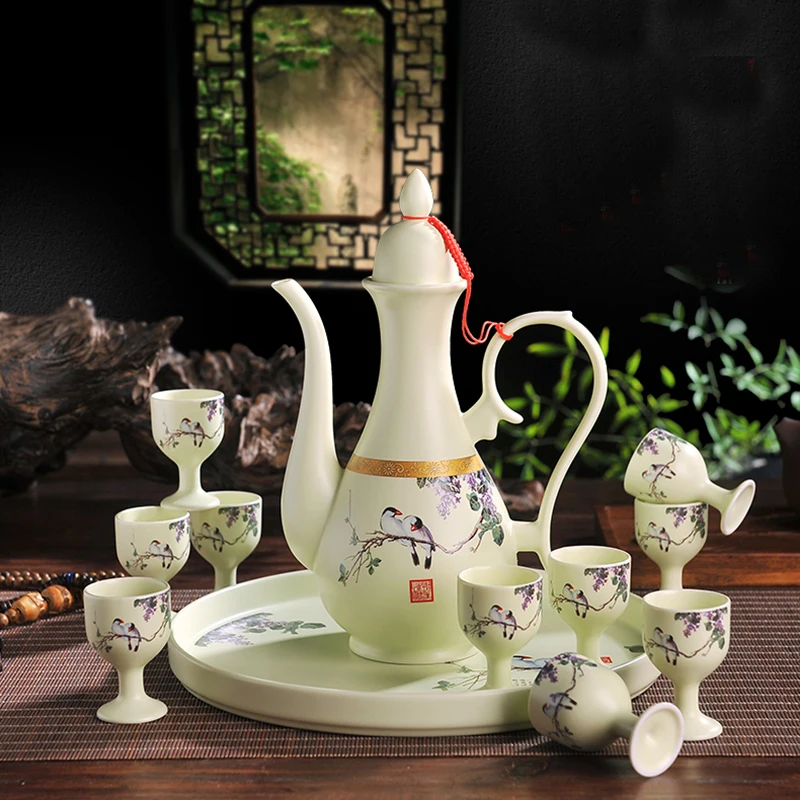 Керамический фарфоровый набор посуды для вина Jingdezhen с рисунком птицы и цветов