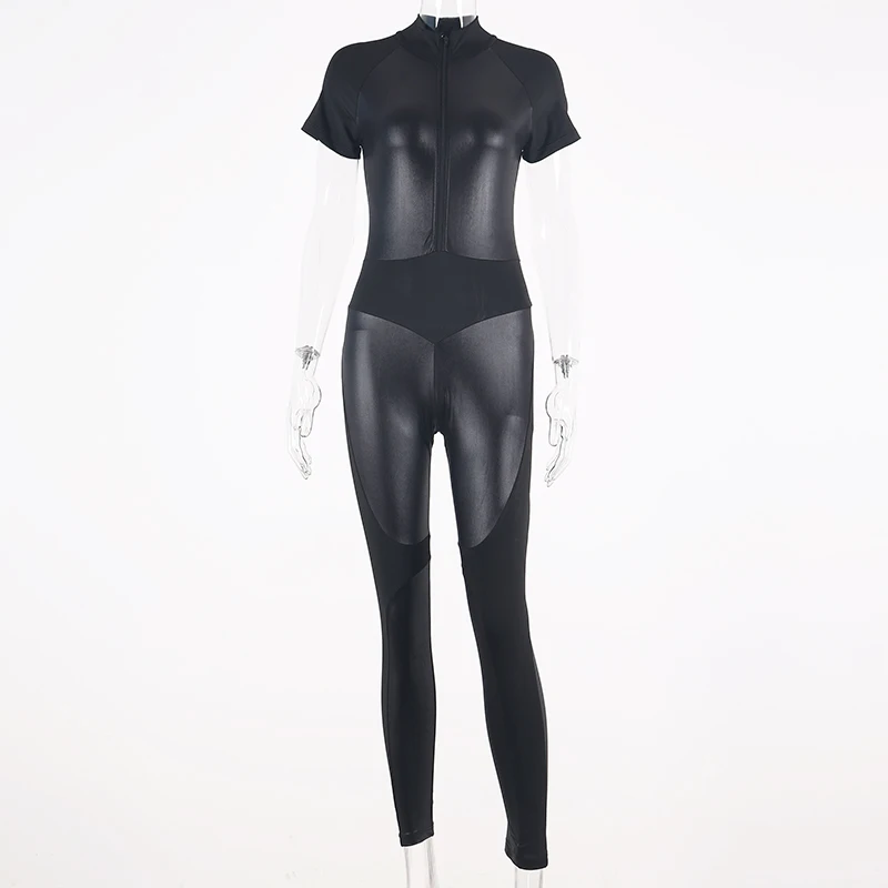 Черный Hugcitar Лоскутная Высокая талия короткий рукав молния bodycon комбинезон осень woemn Мода эластичный тонкий уличная одежда bod - Цвет: Черный