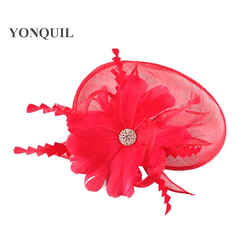 

Elegant Fascinator Hats Feather Flower with Sinamay Trim Hair Accessories Wedding Party Headwear Red Cocktail Hat Multiple Color