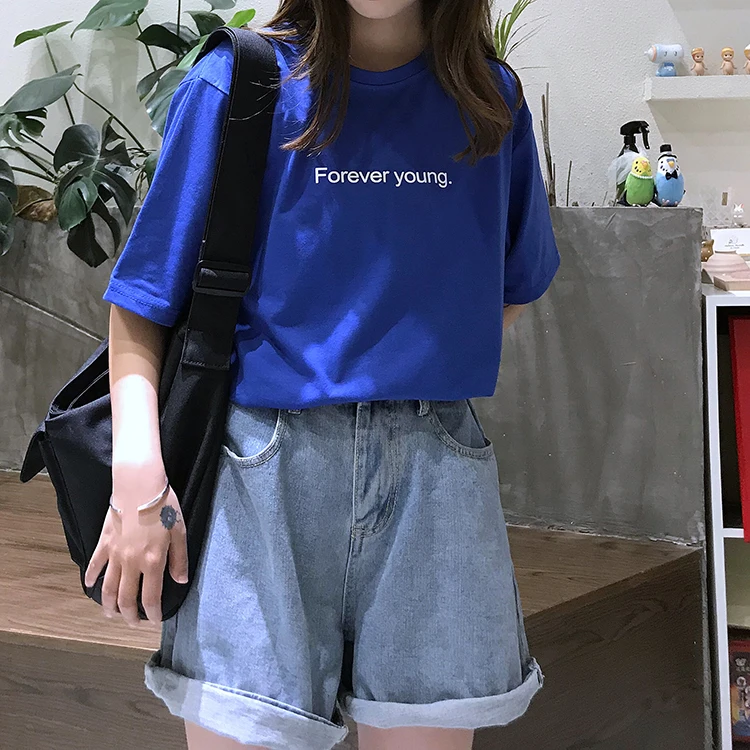 Jielur футболка Женская Harajuku Свободная Повседневная футболка с надписью Forever Young летняя хипстерская Корейская уличная Базовая футболка фиолетовая Синяя