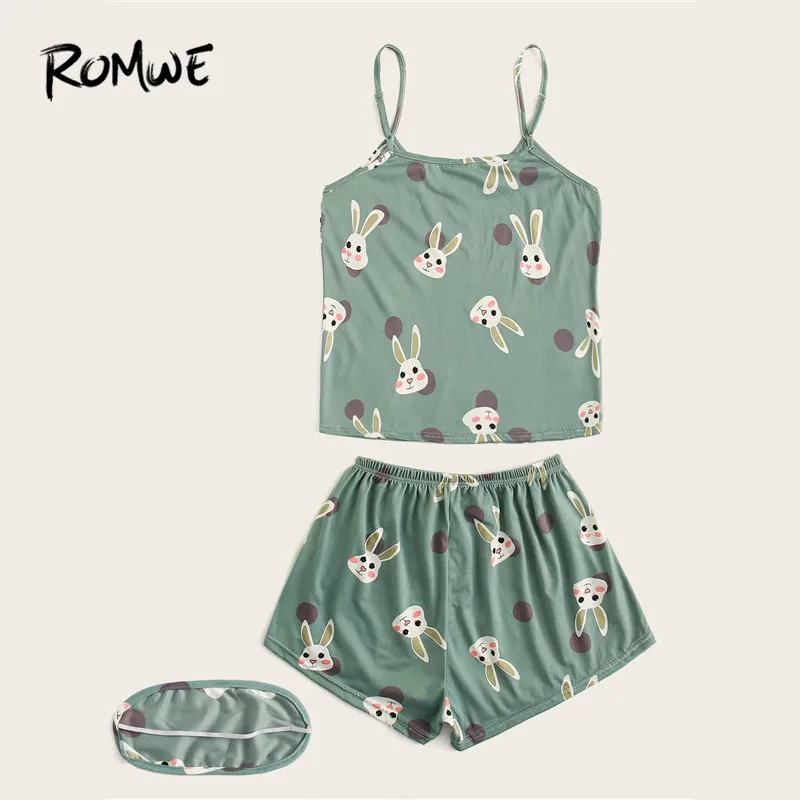 ROMWE/пижама с принтом кролика в горошек на бретельках для женщин; комплект с шортами и маской для глаз; летняя зеленая пижама с рисунком; женская одежда для сна