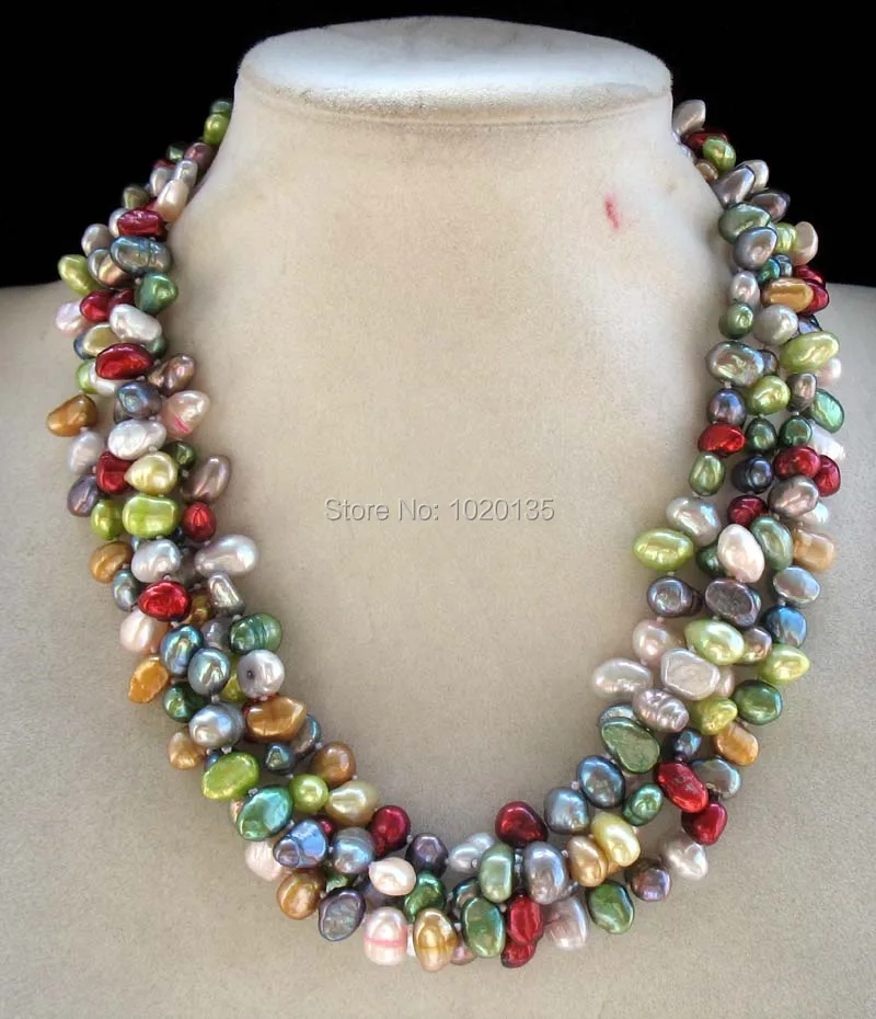 

4rows freshwater pearl multicolor 8-10mm baroque necklace 18inch nature wholesale bead discount gift