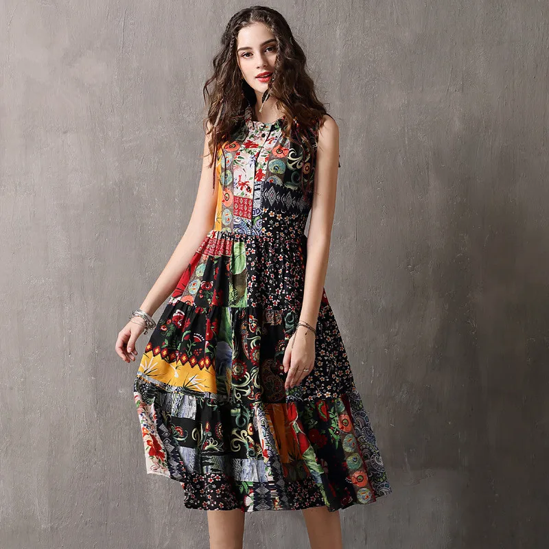 Женское летнее платье 2018 женское богемное однобортное ТРАПЕЦИЕВИДНОЕ без
