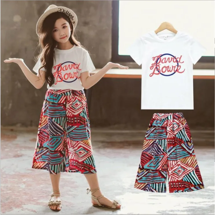 2019 летний комплект одежды для девочек подростков белый топ + широкие штаны из 2