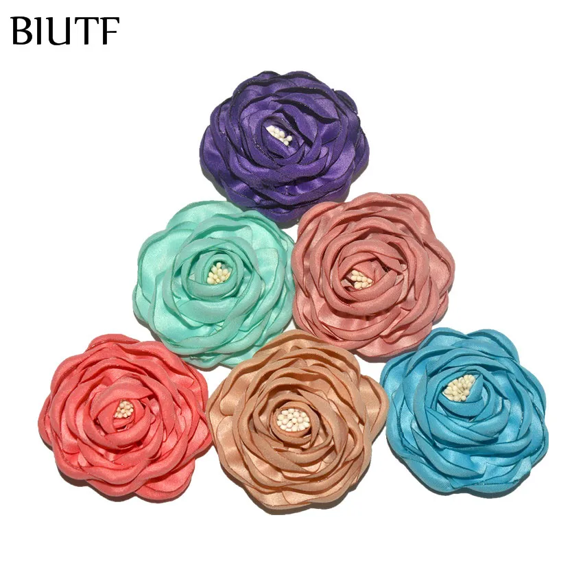 5 шт./партия, 2,4 ''сгоревшие атласные цветы Camelia с Stamen 6 см, шикарные тканевые детские головные уборы, обувь, аксессуары для творчества TH284