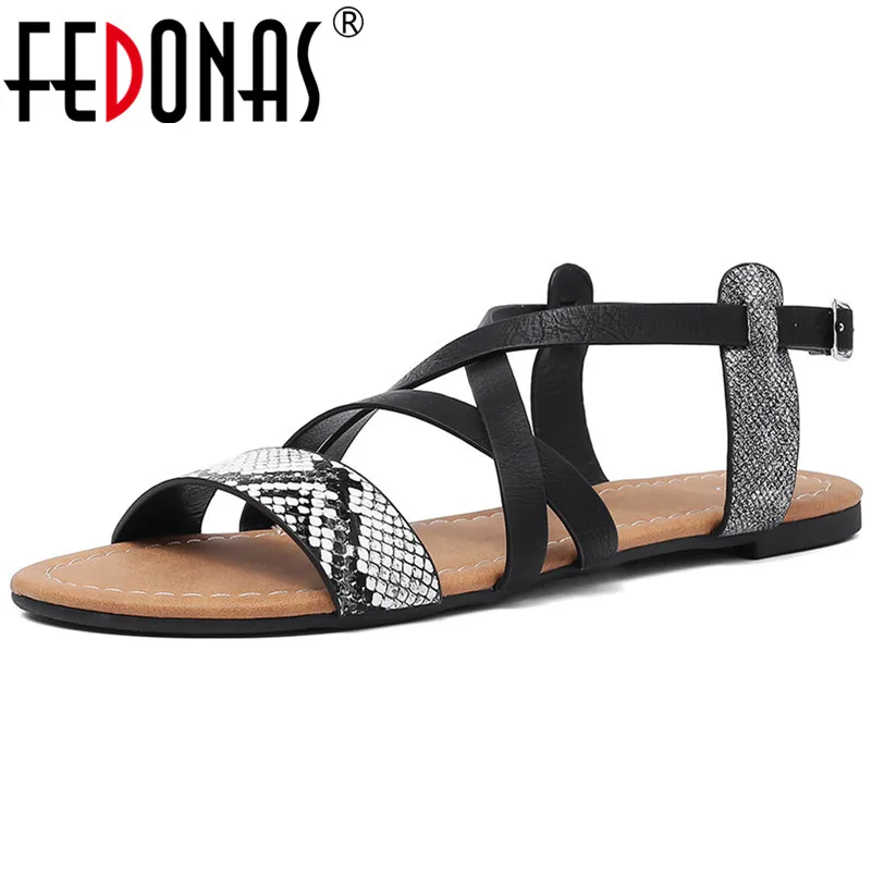 Женские босоножки из микрофибры FEDONAS черные туфли на плоской подошве с круглым