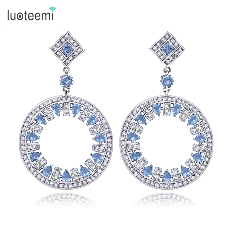 

LUOTEEMI Pendientes Vintage Big Round Pendant White Gold-Color Statement Drop Earrings For Women CZ Crystal Wedding Brincos