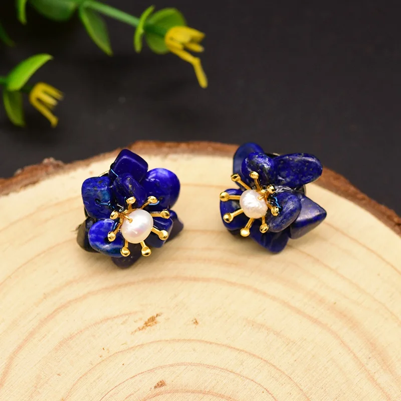 GLSEEVO Natural Jade Pearl Stud Earrings For Women Mom Birthday Day Gift 925 Sterling Silver Flower Earring Fine Jewelry GE0780 - Цвет камня: Blue