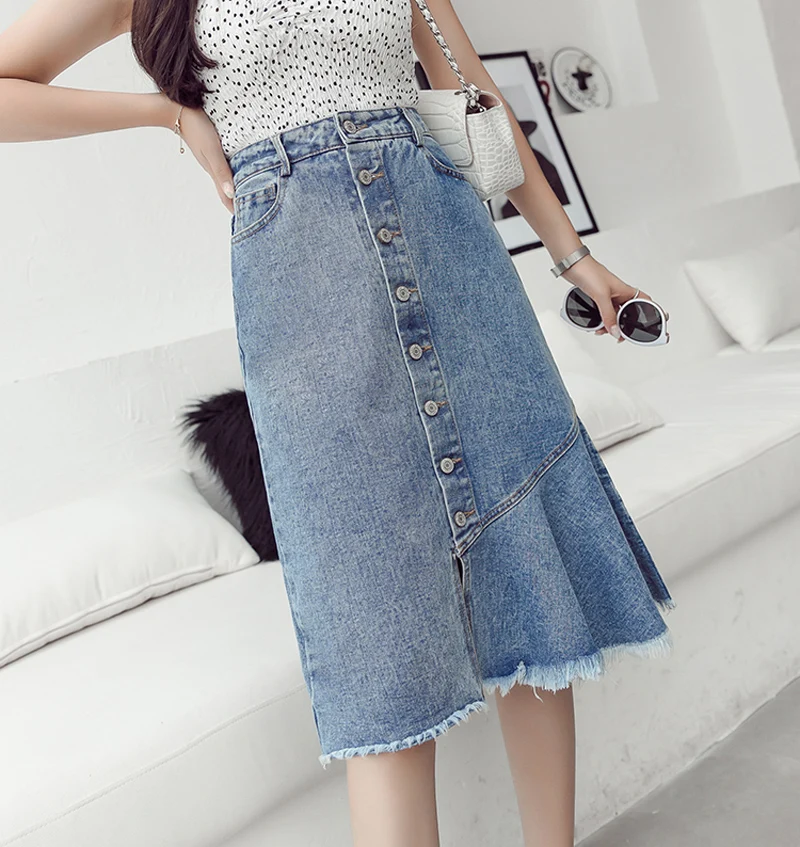 Women Fringed Hem Hip Package Streetwear Skirts Casual Irregular Mid-length Jean Skirt Single Breasted Summer Bottoms