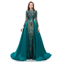 long sleeves green sequins prom dresses 2022 mermaid detachable train evening party gowns custom made plus size sexy prom gown
