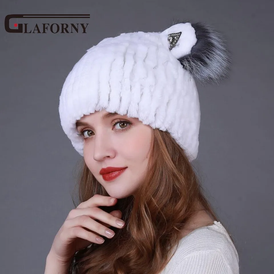 Женская меховая шапка Glaforny натуральная из меха кролика рекс с милыми кошачьими