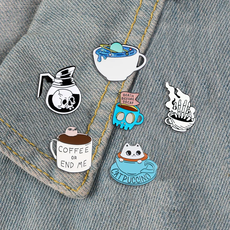 Cup and coffee skull stars Cat combination Denim Enamel lapel pins collection Badges Brooches Gifts for friend Jewelry wholesale images - 3
