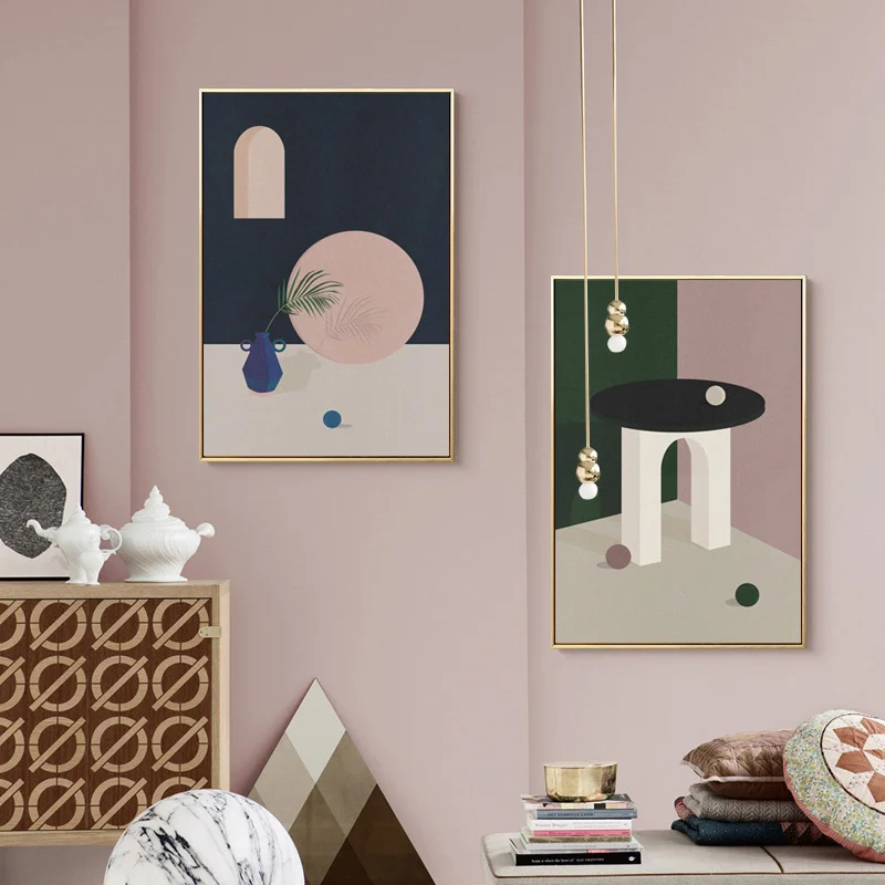 

Nordic Geometric Building Abstract Poster Pink Vase Plant Canvas Painting Modern Print Picture Home Aisle Wall Art Decoration
