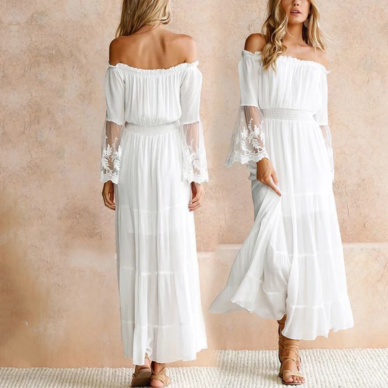 Женское кружевное платье с вырезом лодочкой белое ажурное макси расклешенным