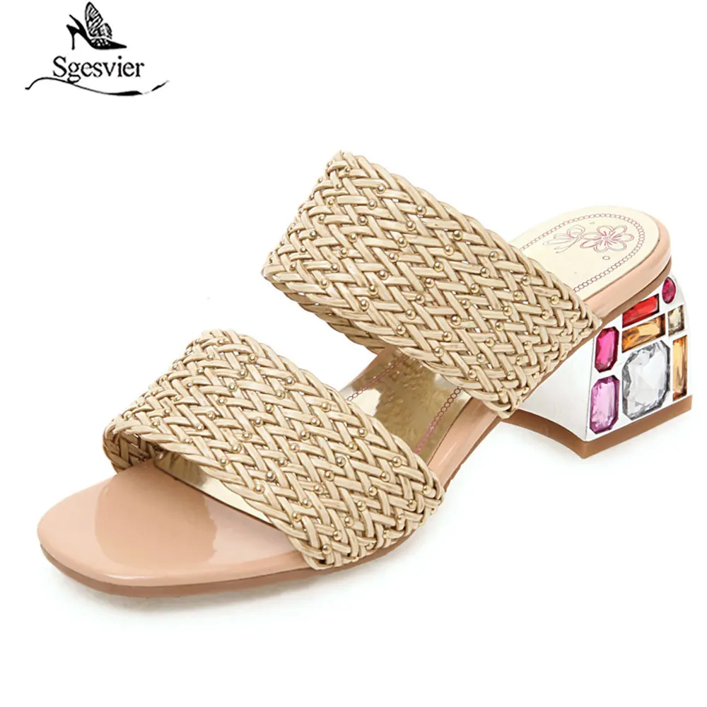 

Sgesvier Women 2019 Summer Plus Size 33-46 Hollow Thick High Heels Slippers Women Slip On Casual Cane Sandals Shoes Woman G547