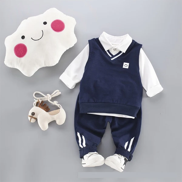 Navy Blue baby set Комплекты одежды для маленьких мальчиков, комплект из 3 предметов: футболка+ жилет+ штаны, Одежда для новорожденных мальчиков, комплект с курткой в консервативном стиле - Цвет: Navy Blue baby set