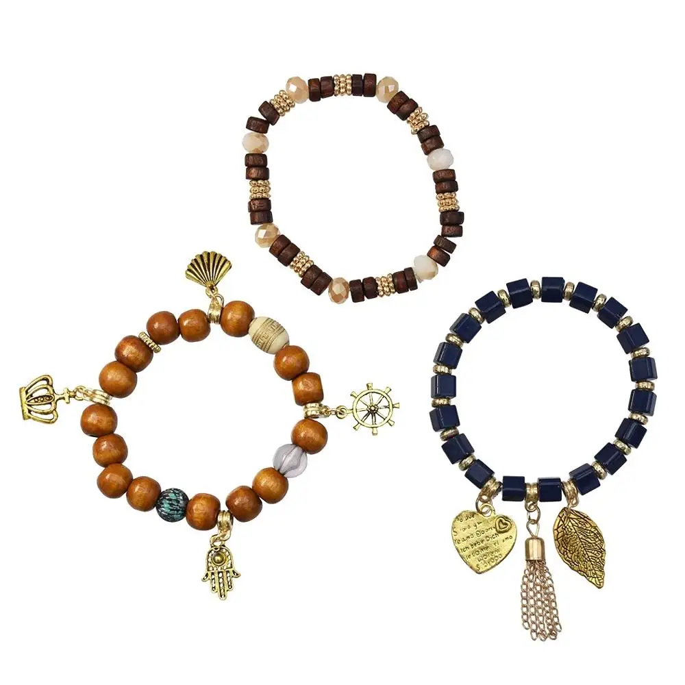 3 шт./компл. новые браслеты из камня и дерева с подвеской в виде сердца листьев