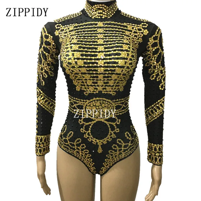 

Shining Gold Black Crystals Bodysuit Nigthclub Performance Outfit Party Celebrate Glisten Rhinestones Costume Stage Leotard Wear