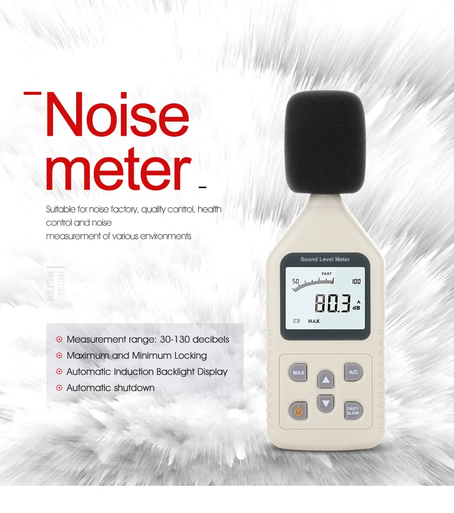 RZ GM1358 30-130dB цифровой измеритель уровня звука измерители шума Тестер в децибелах ЖК-дисплей A/C быстрый/медленный дБ экран